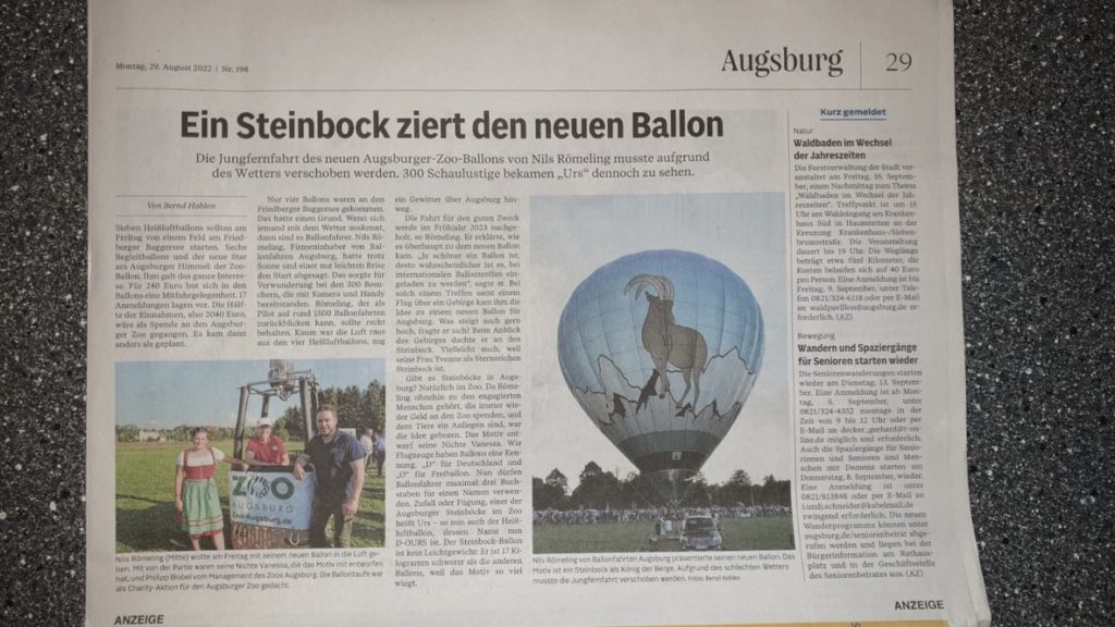 Auch die Augsburger Allgemeine berichtete auf einer halben Seite über unseren neuen Ballon, der in Zusammenarbeit mit dem Zoo Augsburg entstanden war.